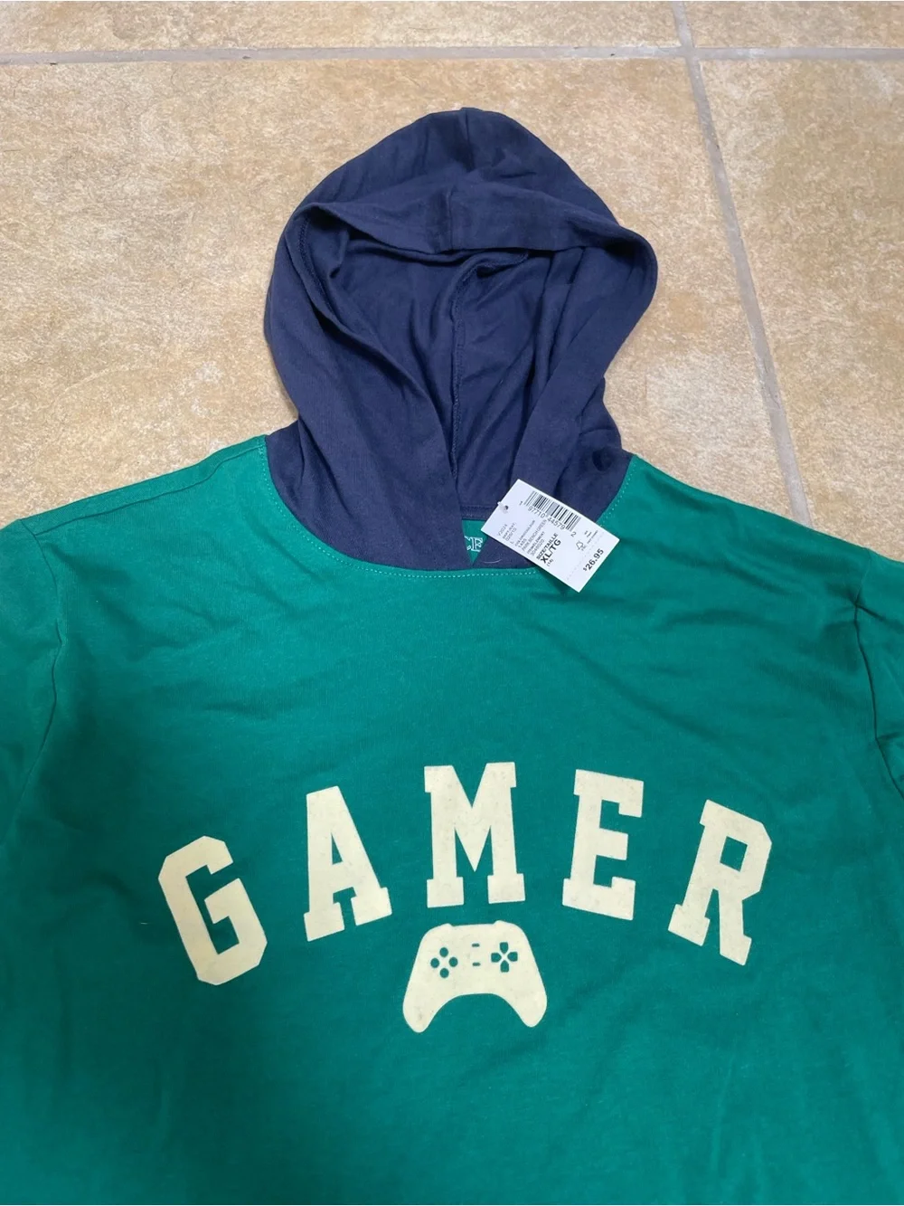 Children’s Place Green Long Sleeve 'GAMER' Hooded Tee with Navy Hood